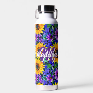 Purple Flowers and Yellow Sunflowers Personalised Water Bottle