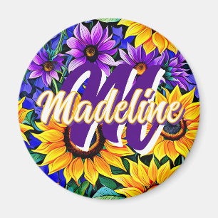 Purple Flowers and Yellow Sunflowers Personalized Magnet