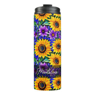 Purple Flowers and Yellow Sunflowers Personalized Thermal Tumbler