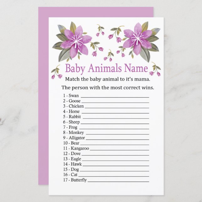Purple flowers Baby Animals Name Game (Front/Back)