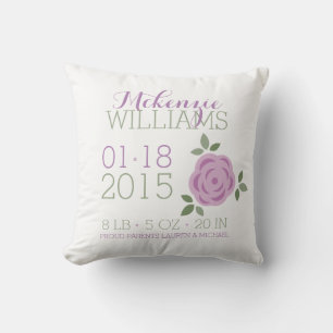 Purple Flowers Baby Birth Announcement Cushion