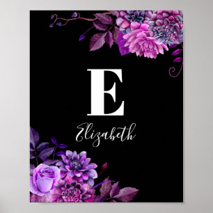 Purple flowers. Baby girl monogram. Black nursery Poster