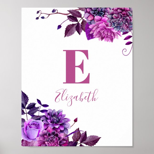 Purple flowers. Baby girl name & monogram. Nursery Poster (Front)