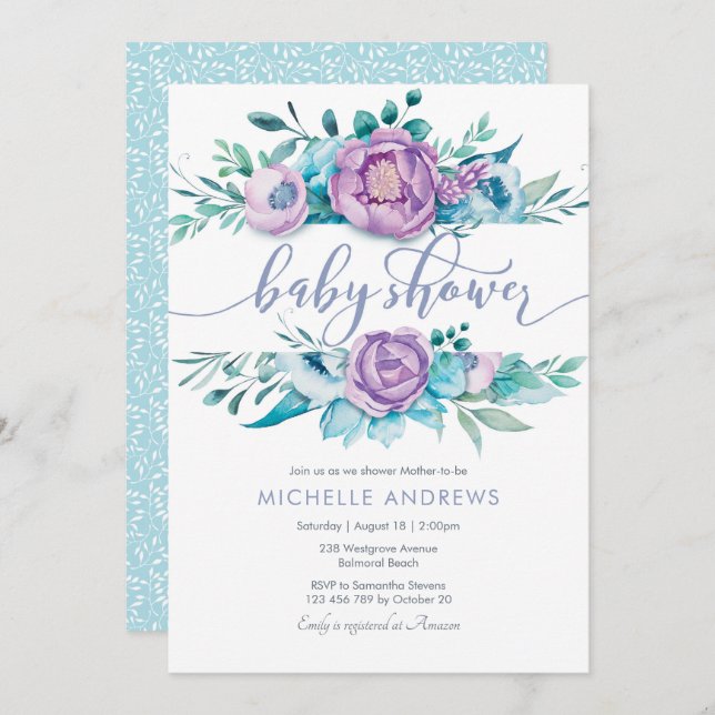 Purple Flowers Baby Shower Invitation (Front/Back)