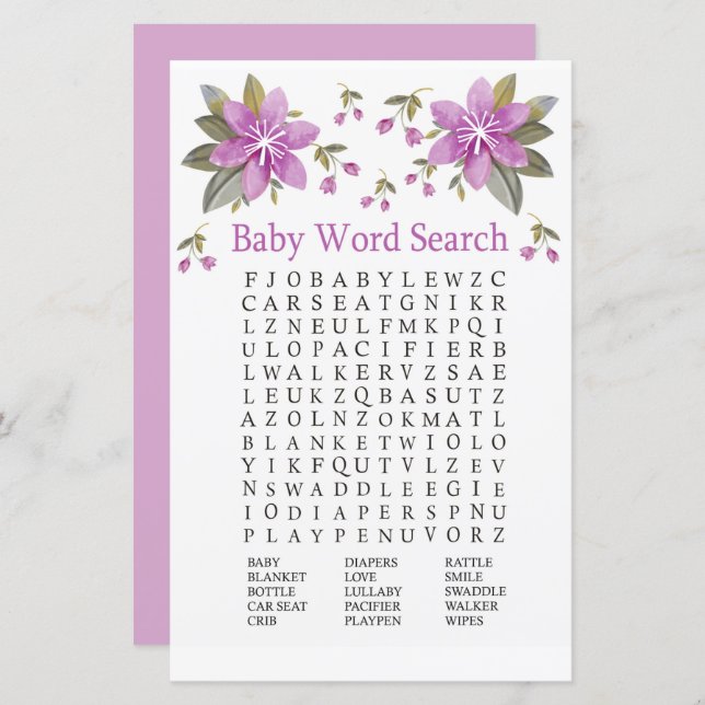 Purple flowers Baby Shower Word Search Game (Front/Back)