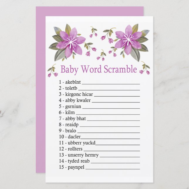 Purple flowers Baby word scramble game (Front/Back)