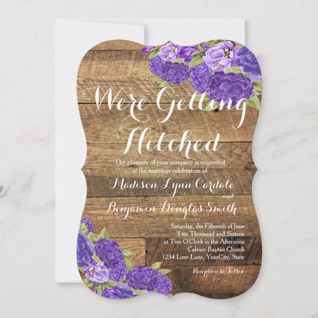 Purple Flowers Barn Wood MAP Wedding Invite (Front)