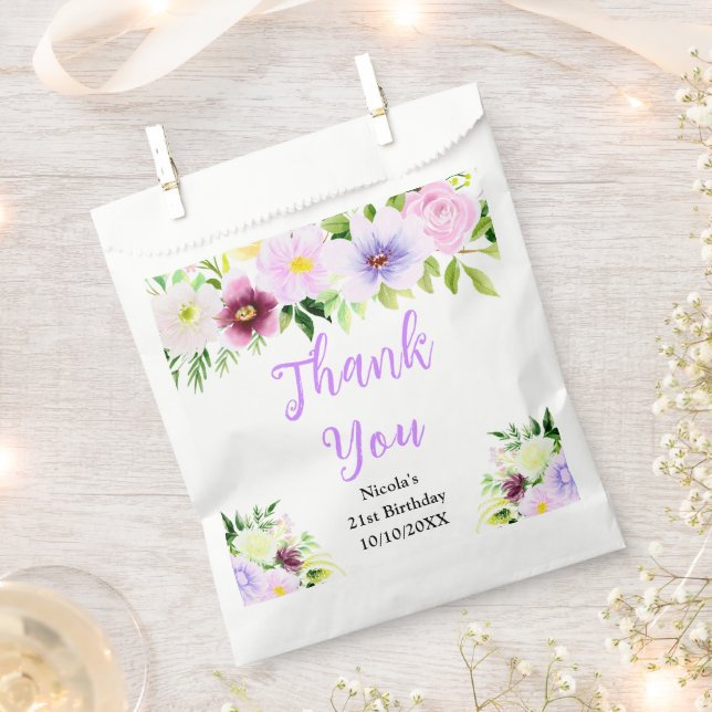Purple Flowers Birthday Thank You Favour Bag (Clipped)