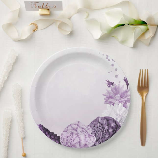 purple flowers botanical wedding paper plate (Wedding)