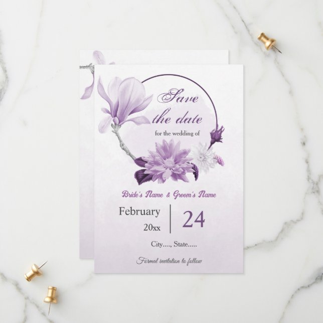 purple flowers botanical wedding save the date (Front/Back In Situ)