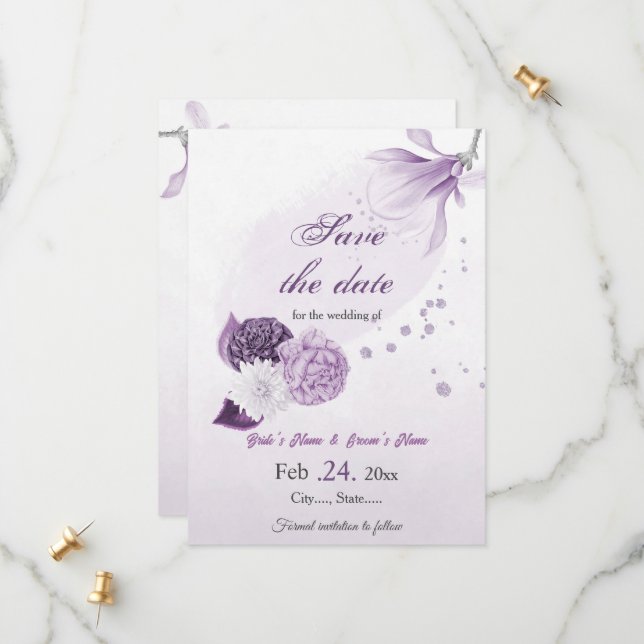 purple flowers botanical wedding save the date (Front/Back In Situ)