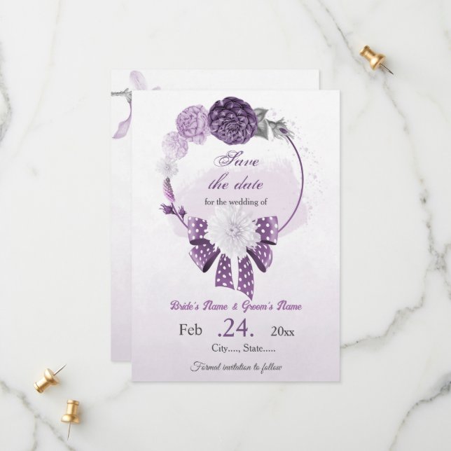 purple flowers botanical wedding save the date (Front/Back In Situ)
