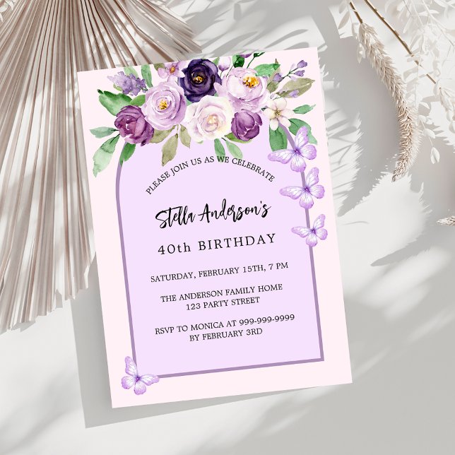 Purple flowers butterflies arch luxury birthday  invitation (Creator Uploaded)
