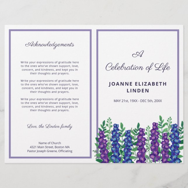 Purple Flowers Celebration of Life Funeral Program (Front)