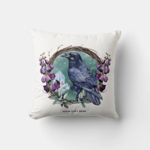 Purple Flowers Celestial Raven Crystals Wreath Cushion