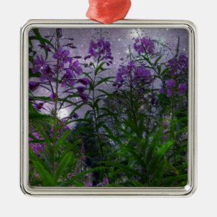 Purple Flowers Fantasy Night Metal Ornament