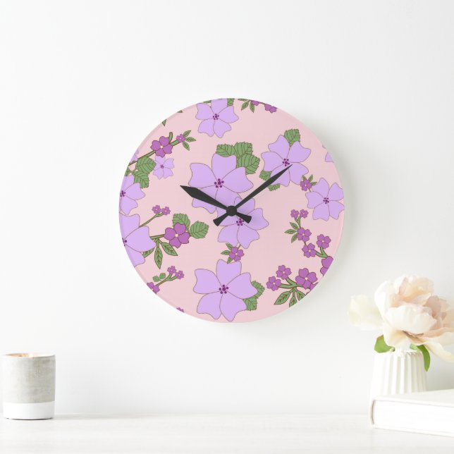 Purple Flowers, Floral Pattern, Pattern Of Flowers Large Clock (Home)