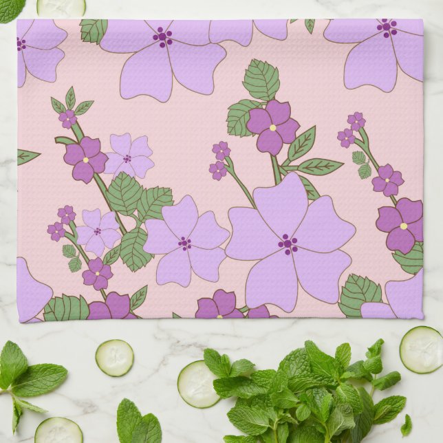 Purple Flowers, Floral Pattern, Pattern Of Flowers Tea Towel (Folded)