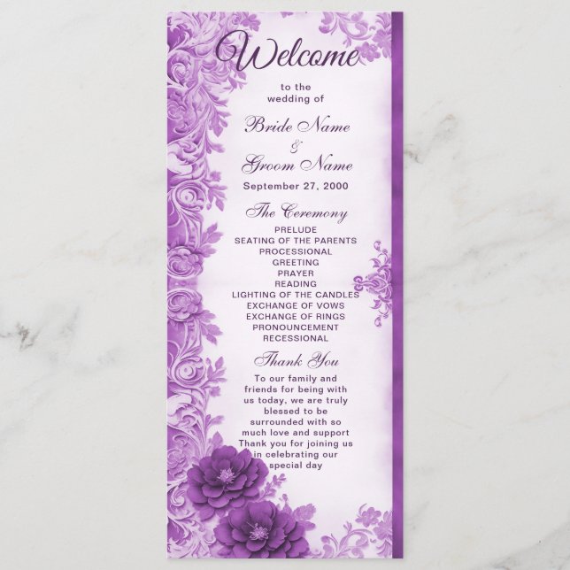 Purple Flowers Flourish Wedding Program (Front)