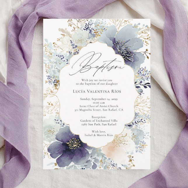 Purple Flowers Frame Elegant Floral Baptism Invitation (Creator Uploaded)