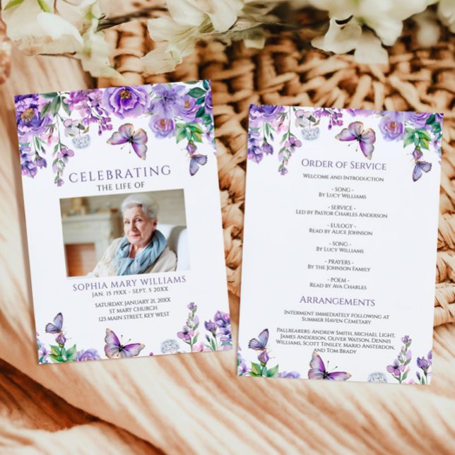 Purple Flowers Funeral Order of Service  Program (Creator Uploaded)