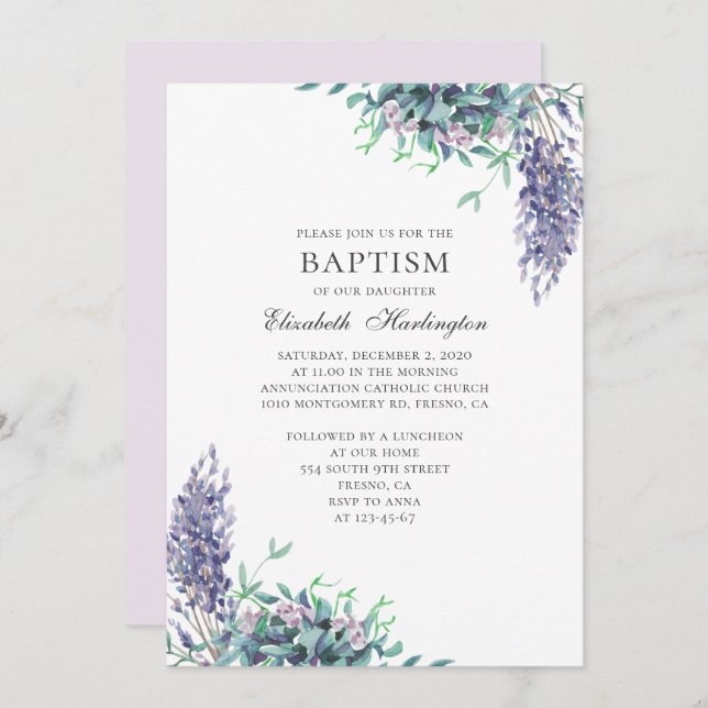 Purple flowers. Garden floral. Lavender baptism Invitation (Front/Back)