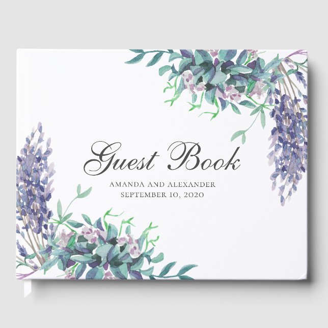 Purple flowers. Garden floral wedding. Lavender Guest Book (Front)