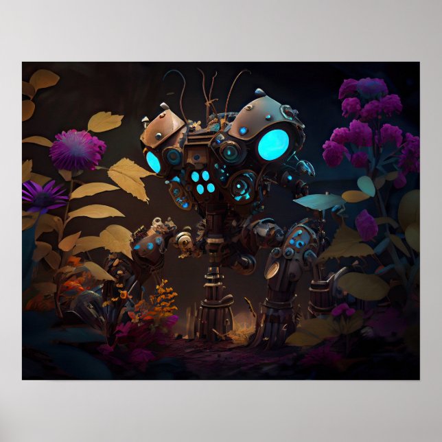 Purple Flowers & Glowing Eyes Robot Poster (Front)