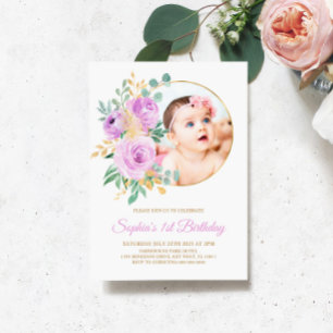 Purple Flowers & Gold Baby’s First Birthday Invitation