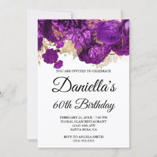 Purple Flowers Gold Foil Glam 60th Birthday Invitation