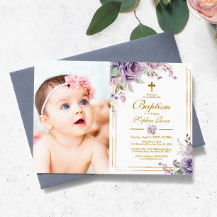 Purple Flowers & Gold Frame Photo Girl Baptism Invitation