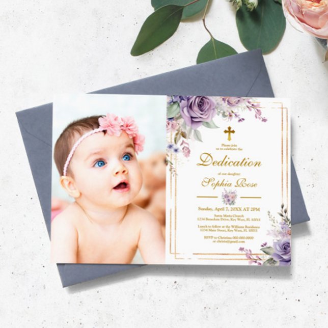 Purple Flowers & Gold Frame Photo Girl Dedication Invitation (Creator Uploaded)