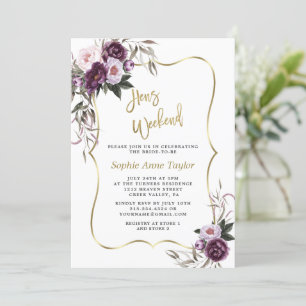Purple Flowers Gold Hens Bachelorette Weekend  Invitation