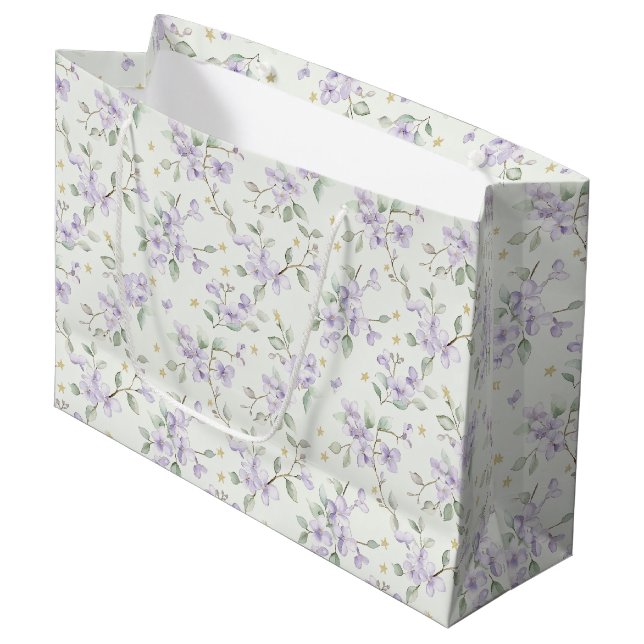 Purple Flowers Gold Stars Moons Baby Shower Large Gift Bag (Front Angled)