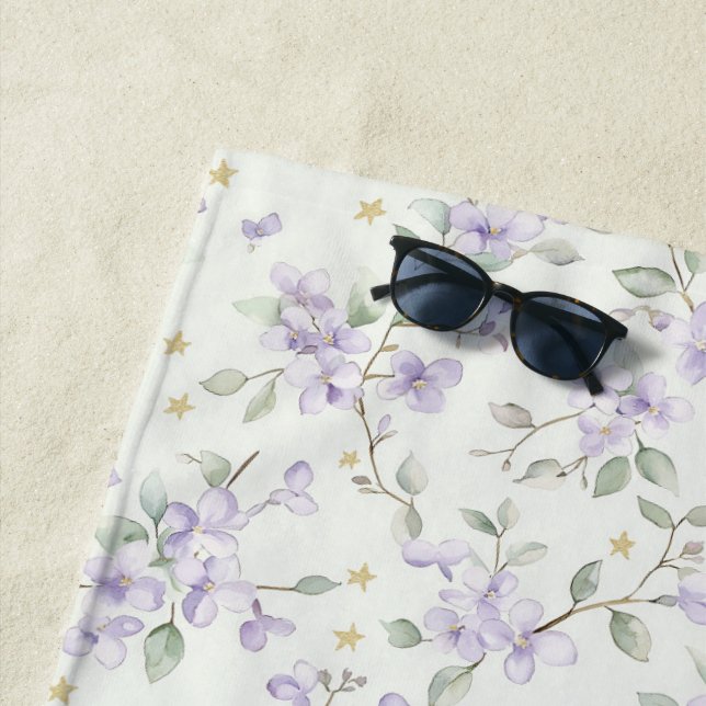 Purple Flowers Gold Stars Moons Beach Towel (In Situ)