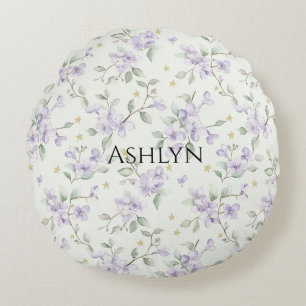 Purple Flowers Gold Stars Moons Round Cushion