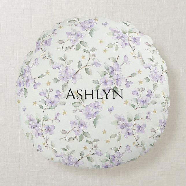 Purple Flowers Gold Stars Moons Round Cushion (Front)