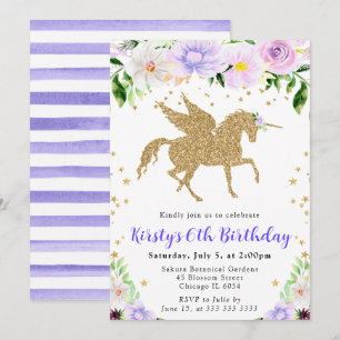 Purple Flowers Gold Unicorn Birthday Party Invitation