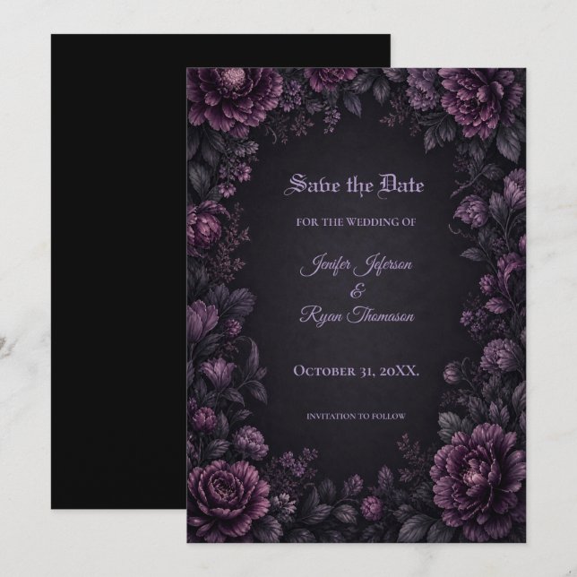 Purple  Flowers Gothic Save the date invitation (Front/Back)