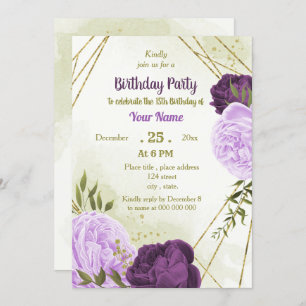 purple flowers green leaves birthday invitation