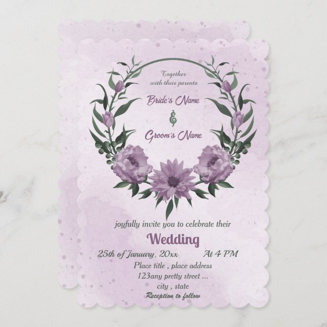 purple flowers green leaves botanical wedding  invitation (Front/Back)