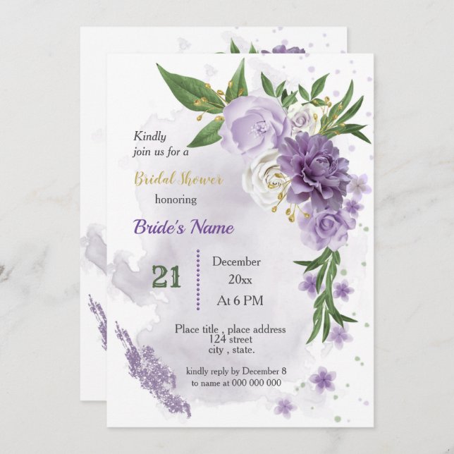 purple flowers & green leaves bridal shower invitation (Front/Back)
