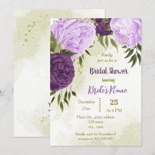 purple flowers green leaves bridal shower invitation