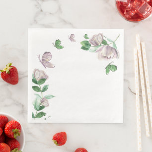 purple flowers green leaves butterflies paper din napkin