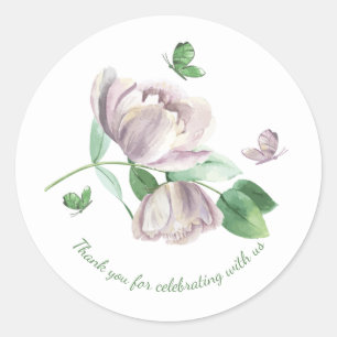 purple flowers green leaves butterflies thank you classic round sticker