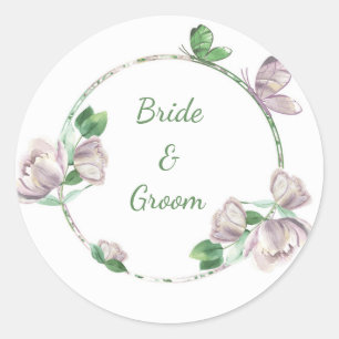purple flowers green leaves butterflies wedding classic round sticker