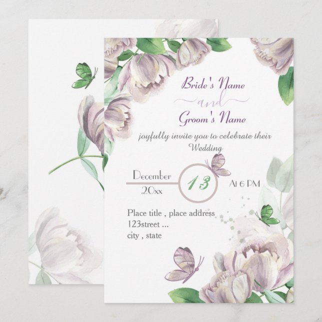 purple flowers green leaves butterflies wedding in invitation (Front/Back)