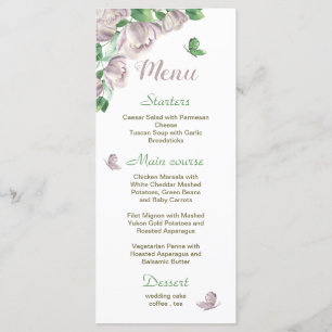 purple flowers green leaves butterflies wedding menu