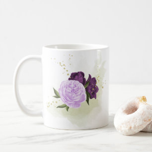 purple flowers green leaves coffee mug