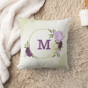 purple flowers green leaves cushion